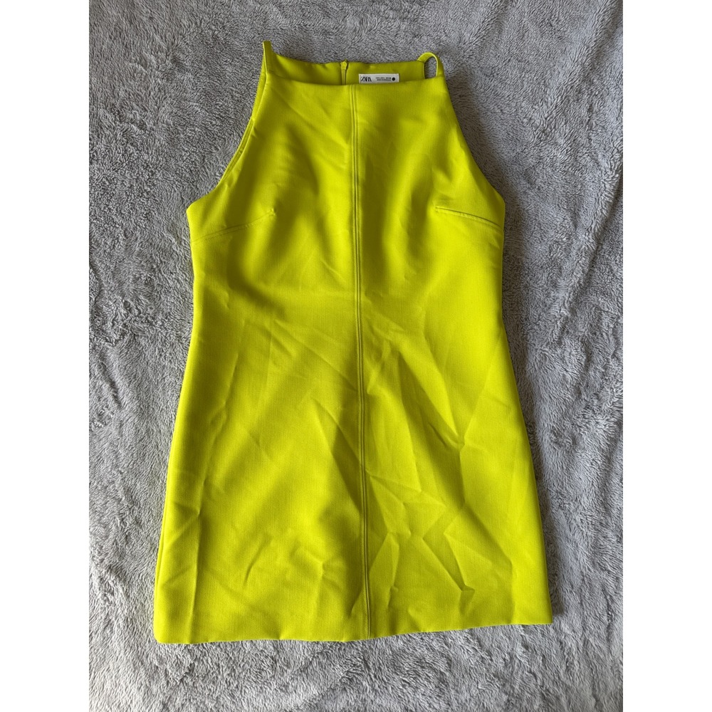 Zara Neon Lime Green High Neck Halter Mini Dress Size Large L Sleeveless A-Line